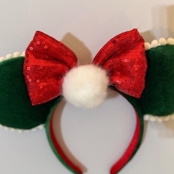 Disney Parks Christmas Pom Pom BowGreen Velvet Minnie Ears Headband - Picture 3 of 7
